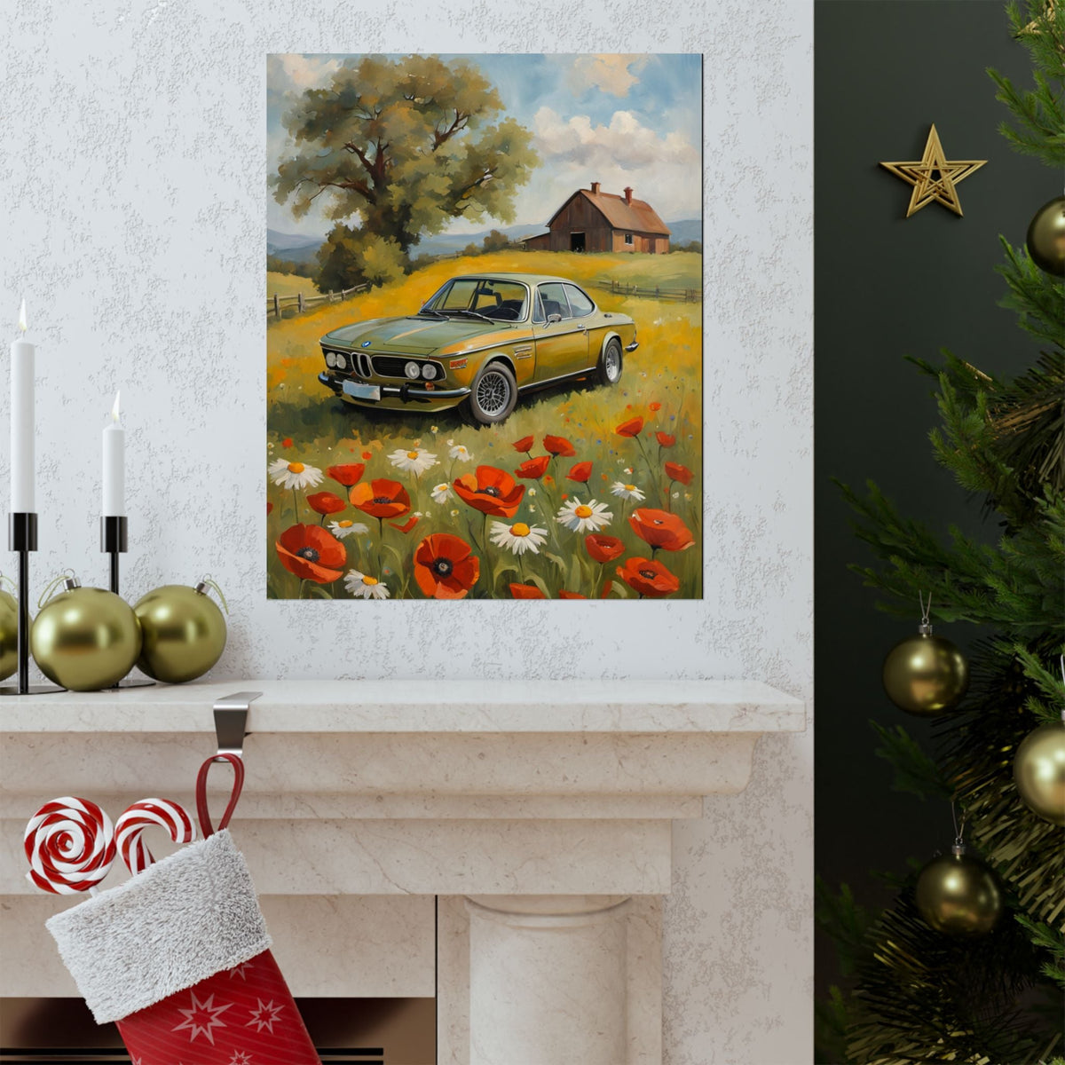 1973 BMW 30 CSL Wall Art Taiga Green Spring Poppy Field Countryside Barn Poster Classic German Sports Coupe Oil Painting Fine Art Print for Home Office Decor