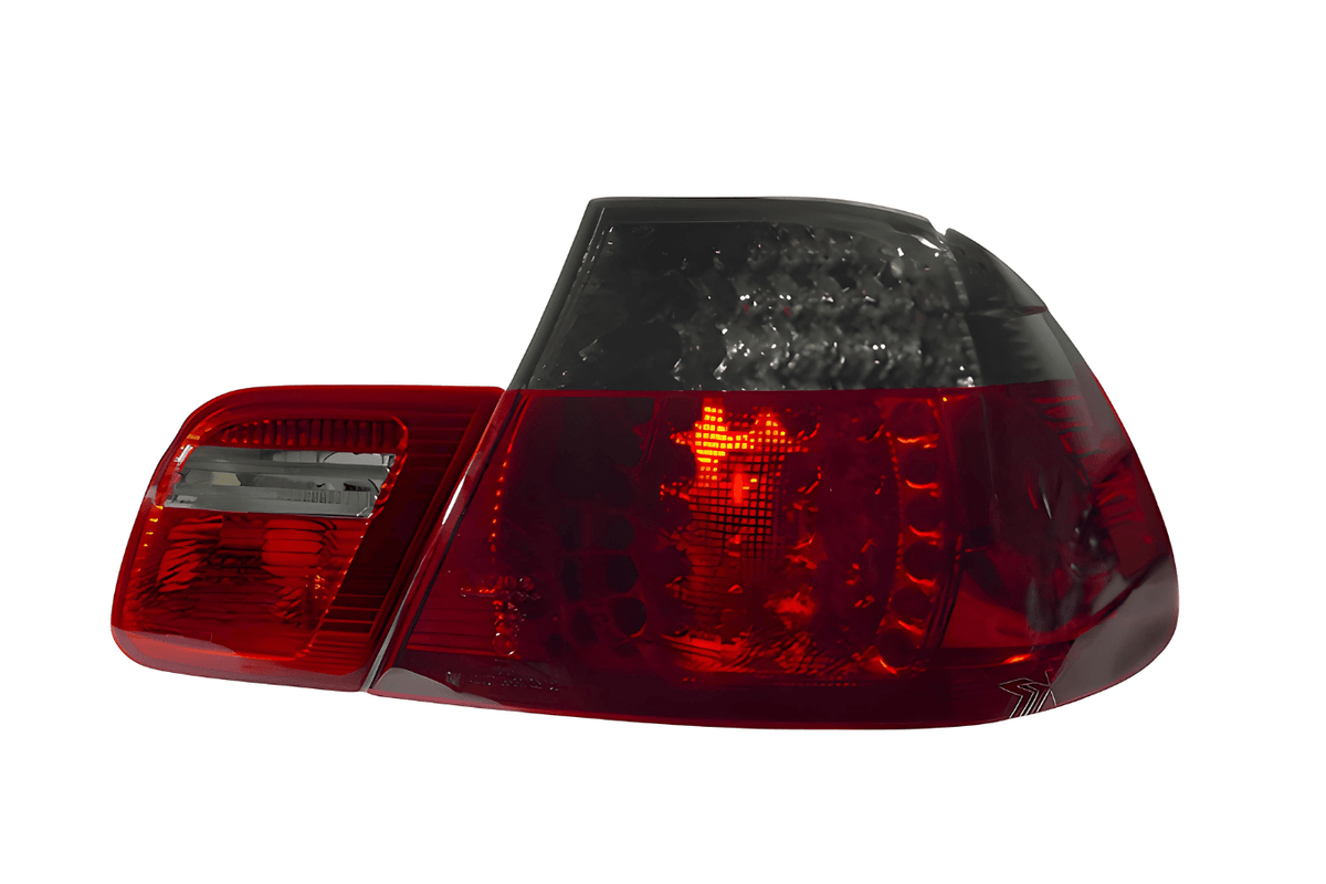 BMW E46 2D Depo LED tail lights set by K2 Industries, four-piece upgrade with clear lens for 2004-2006 models