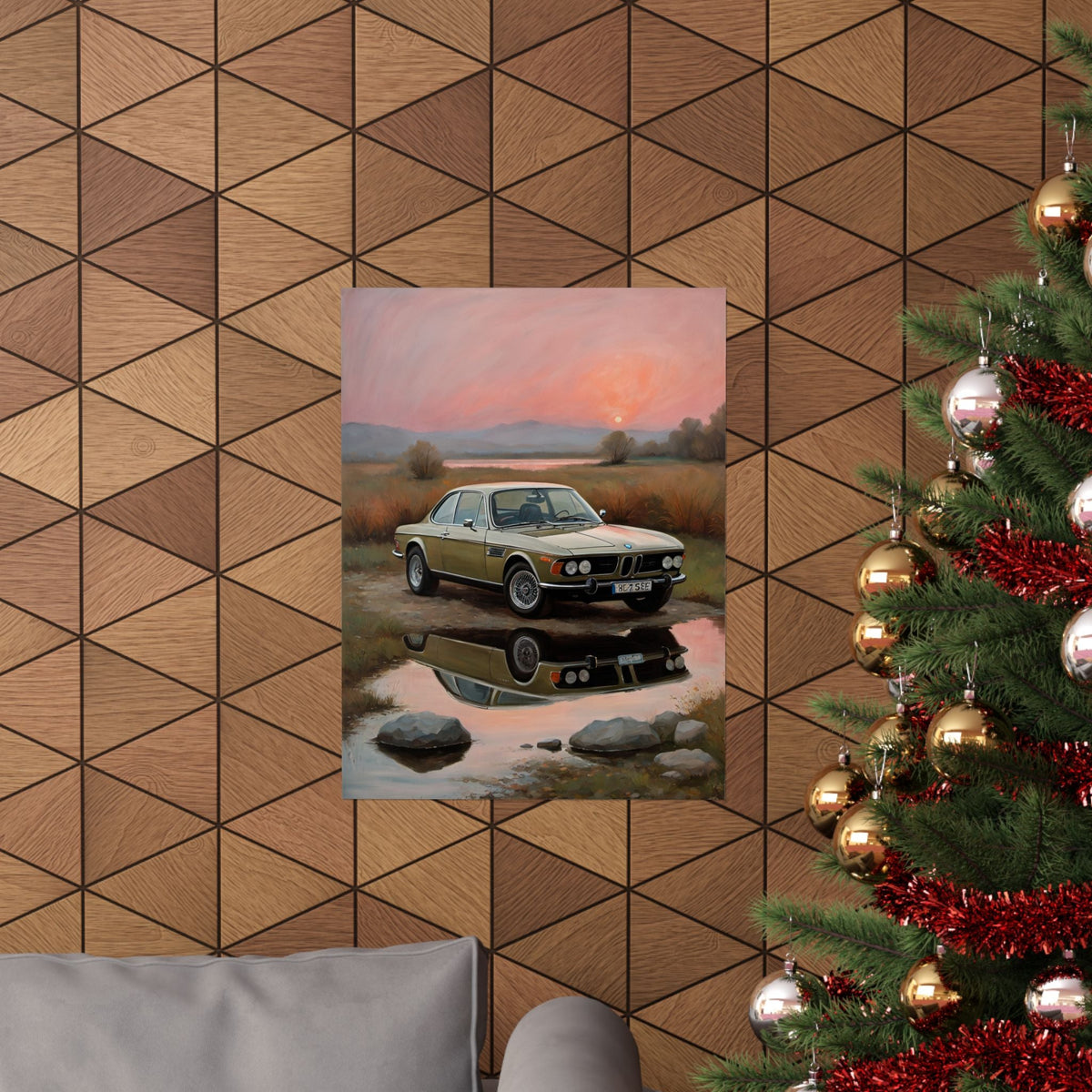 1973 BMW 30 CSL Wall Art Polaris Silver Gold Lake Sunset Water Reflection Poster Classic German Sports Coupe Oil Painting Fine Art Print for Home Office Decor