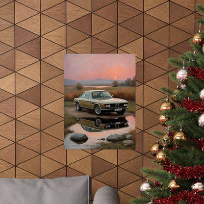 1973 BMW 30 CSL Wall Art Polaris Silver Gold Lake Sunset Water Reflection Poster Classic German Sports Coupe Oil Painting Fine Art Print for Home Office Decor