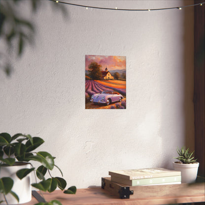 Vintage 1956 Porsche 356 Speedster Poster | Provence Lavender Field Sunset Wall Art | Impressionist European Classic Sports Car Fine Art Paper Print