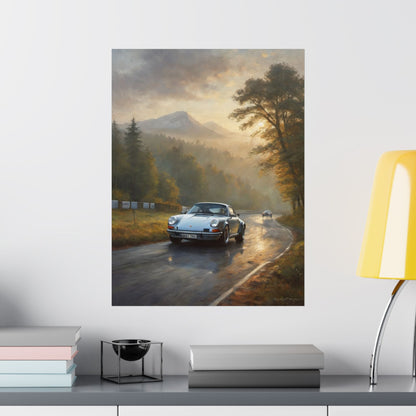 1973 Porsche 911 Wall Art Silver Metallic Nürburgring Nordschleife Misty Forest Racetrack Sunrise Poster Classic German Sports Car Oil Painting Fine Art Print for Home Office Decor