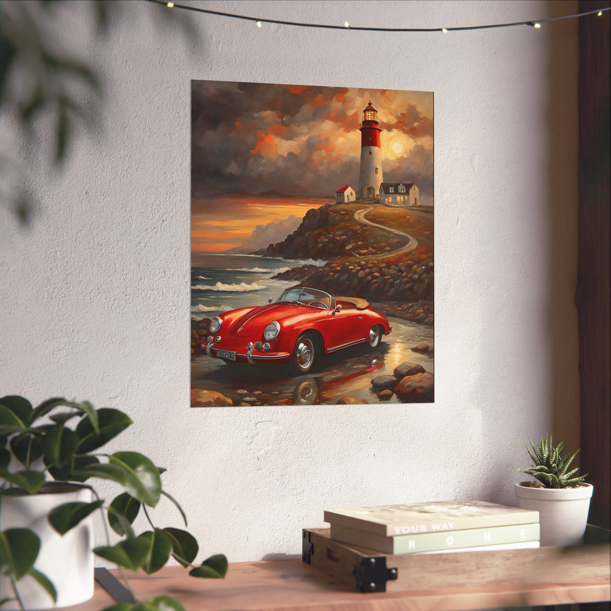 Vintage 1956 Porsche 356 Speedster Poster | Coastal Lighthouse Sunset Wall Art | Impressionist European Classic Sports Car Fine Art Paper Print