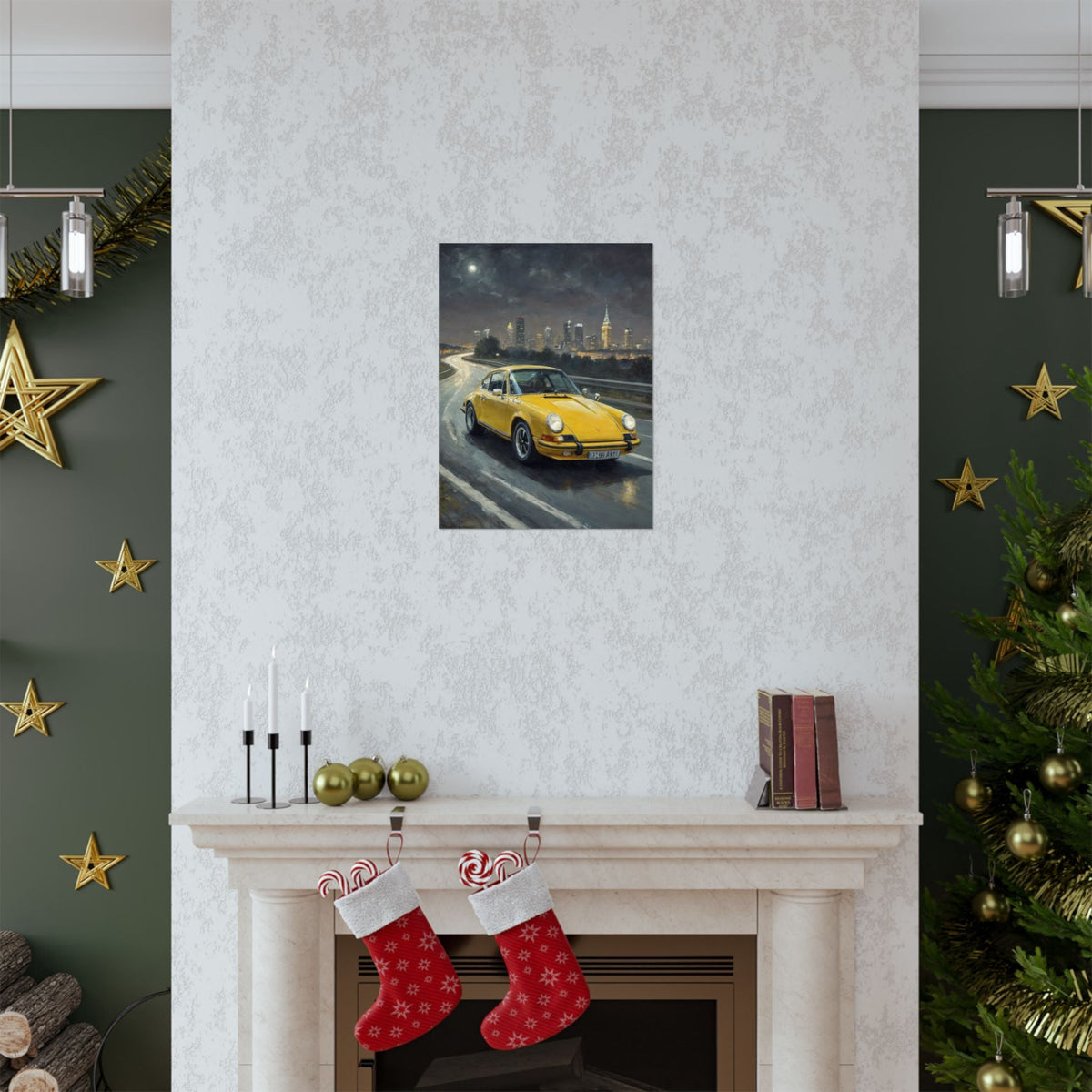 1973 Porsche 911 Wall Art Signal Yellow Night Highway City Skyline Full Moon Poster Classic German Sports Car Oil Painting Fine Art Print for Home Office Decor