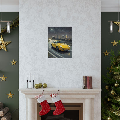 1973 Porsche 911 Wall Art Signal Yellow Night Highway City Skyline Full Moon Poster Classic German Sports Car Oil Painting Fine Art Print for Home Office Decor