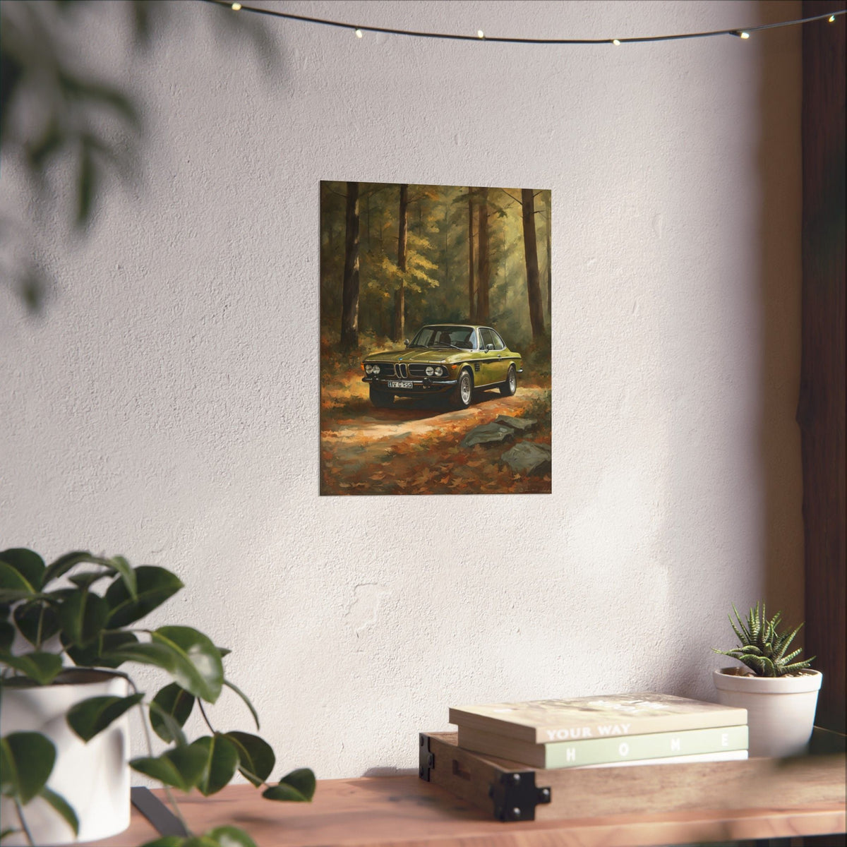 1973 BMW 30 CSL Wall Art Taiga Metallic Green Autumn Forest Sunlight Poster Classic German Sports Coupe Oil Painting Fine Art Print for Home Office Decor