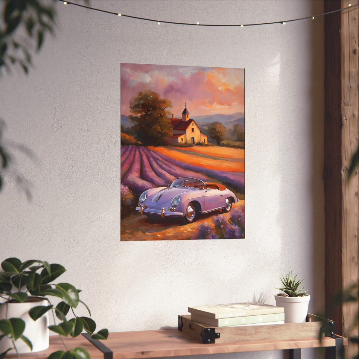 Vintage 1956 Porsche 356 Speedster Poster | Provence Lavender Field Sunset Wall Art | Impressionist European Classic Sports Car Fine Art Paper Print