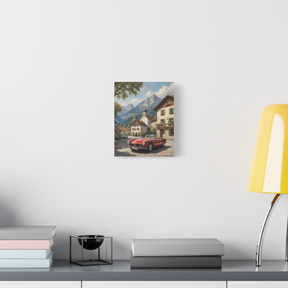 Vintage 1957 BMW 507 Roadster Canvas Wall Art | Bavarian Alpine Village Canvas Print | Impressionist Classic European Sports Car Art for Living Room & Office
