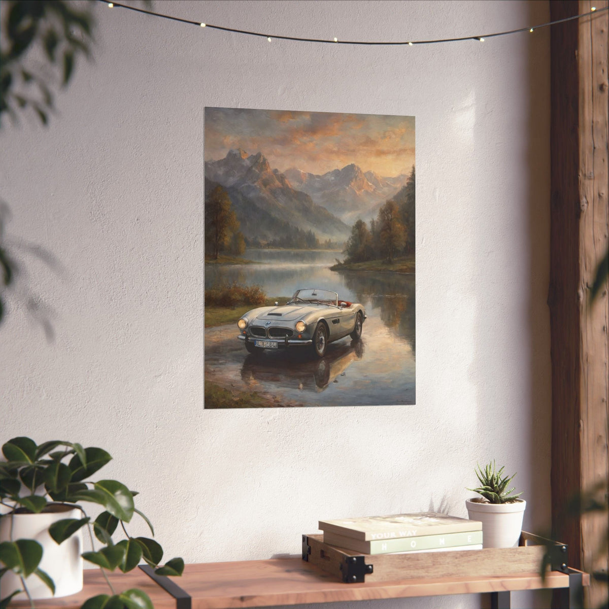 Vintage 1957 BMW 507 Roadster Poster | Alpine Lake Sunset Reflection Wall Art | Impressionist European Classic Sports Car Fine Art Paper Print