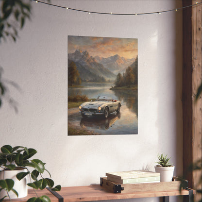 Vintage 1957 BMW 507 Roadster Poster | Alpine Lake Sunset Reflection Wall Art | Impressionist European Classic Sports Car Fine Art Paper Print