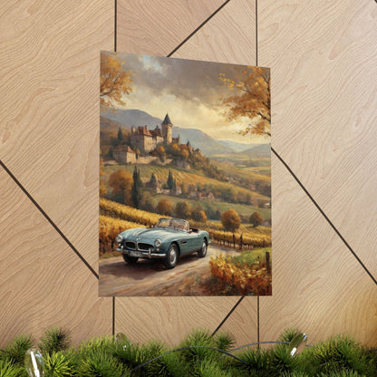 Vintage 1957 BMW 507 Roadster Poster | Autumn Vineyard Castle Valley Wall Art | Impressionist European Classic Sports Car Fine Art Paper Print