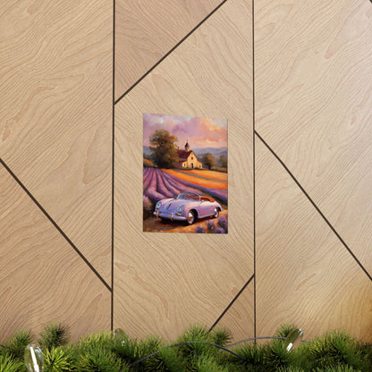 Vintage 1956 Porsche 356 Speedster Poster | Provence Lavender Field Sunset Wall Art | Impressionist European Classic Sports Car Fine Art Paper Print