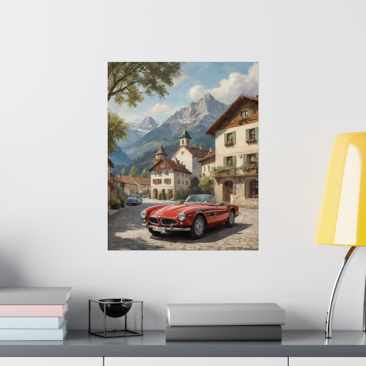 Vintage 1957 BMW 507 Roadster Poster | Bavarian Alpine Village Wall Art | Impressionist European Classic Sports Car Fine Art Paper Print