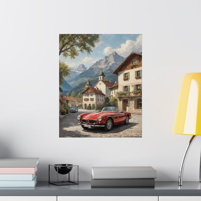 Vintage 1957 BMW 507 Roadster Poster | Bavarian Alpine Village Wall Art | Impressionist European Classic Sports Car Fine Art Paper Print