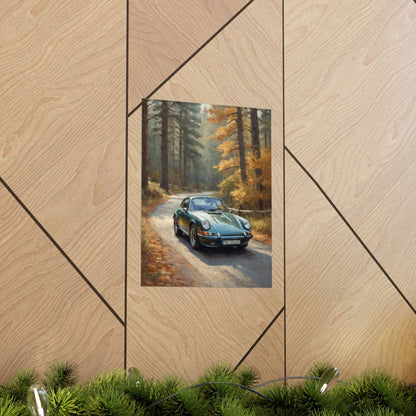 1973 Porsche 911 Wall Art Forest Green Autumn Pine Forest Dirt Road Poster Classic German Sports Car Oil Painting Fine Art Print for Home Office Decor