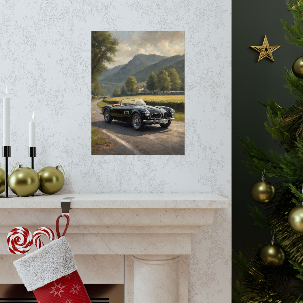 Vintage 1957 BMW 507 Roadster Poster | Countryside Mountain Road Wall Art | Impressionist European Classic Sports Car Fine Art Paper Print