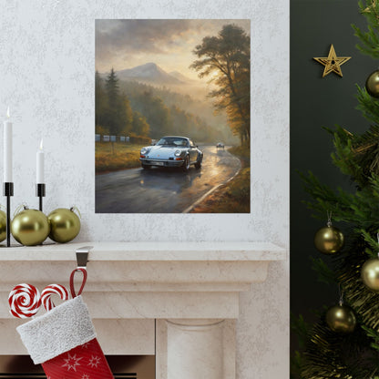 1973 Porsche 911 Wall Art Silver Metallic Nürburgring Nordschleife Misty Forest Racetrack Sunrise Poster Classic German Sports Car Oil Painting Fine Art Print for Home Office Decor