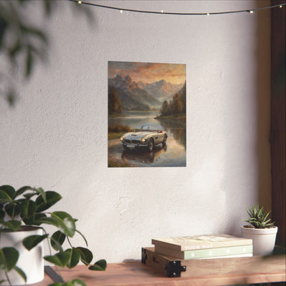 Vintage 1957 BMW 507 Roadster Poster | Alpine Lake Sunset Reflection Wall Art | Impressionist European Classic Sports Car Fine Art Paper Print