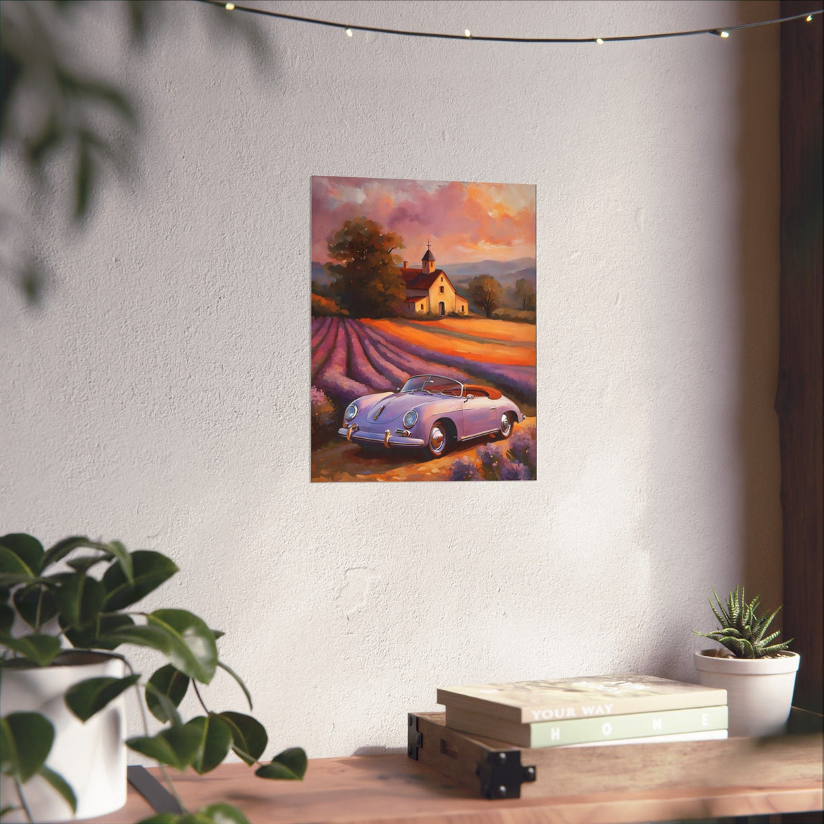 Vintage 1956 Porsche 356 Speedster Poster | Provence Lavender Field Sunset Wall Art | Impressionist European Classic Sports Car Fine Art Paper Print