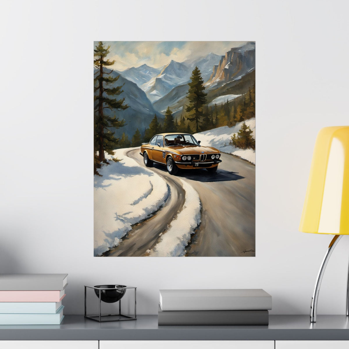 1973 BMW 30 CSL Wall Art Inka Orange Bronze Alpine Mountain Pass Snow Road Poster Classic German Sports Coupe Oil Painting Fine Art Print for Home Office Decor