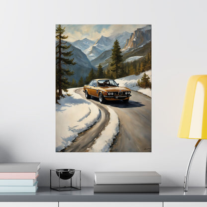 1973 BMW 30 CSL Wall Art Inka Orange Bronze Alpine Mountain Pass Snow Road Poster Classic German Sports Coupe Oil Painting Fine Art Print for Home Office Decor