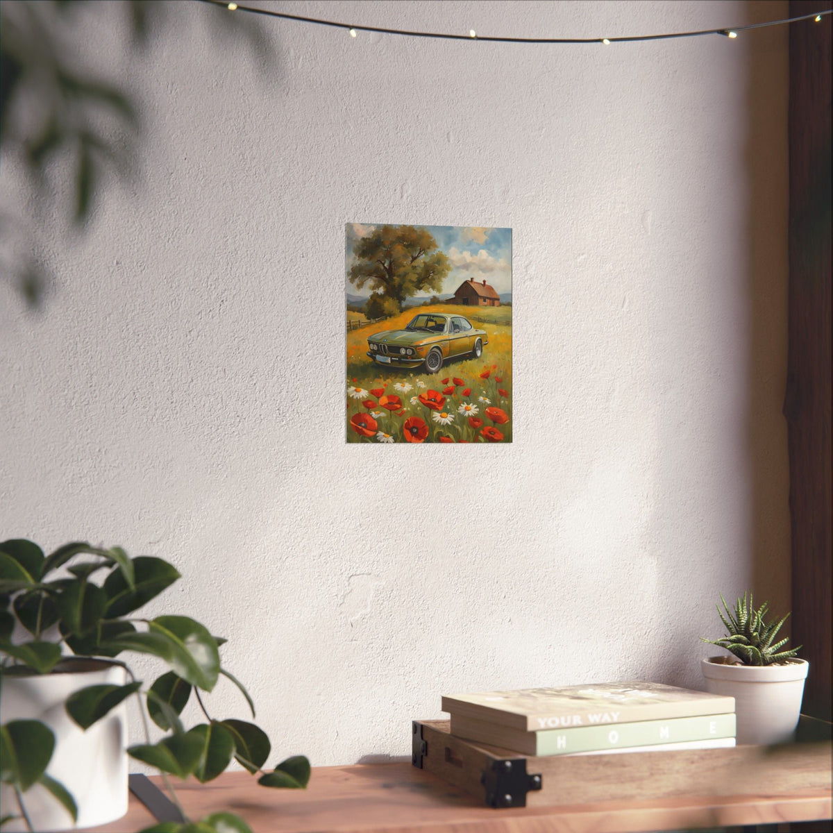 1973 BMW 30 CSL Wall Art Taiga Green Spring Poppy Field Countryside Barn Poster Classic German Sports Coupe Oil Painting Fine Art Print for Home Office Decor