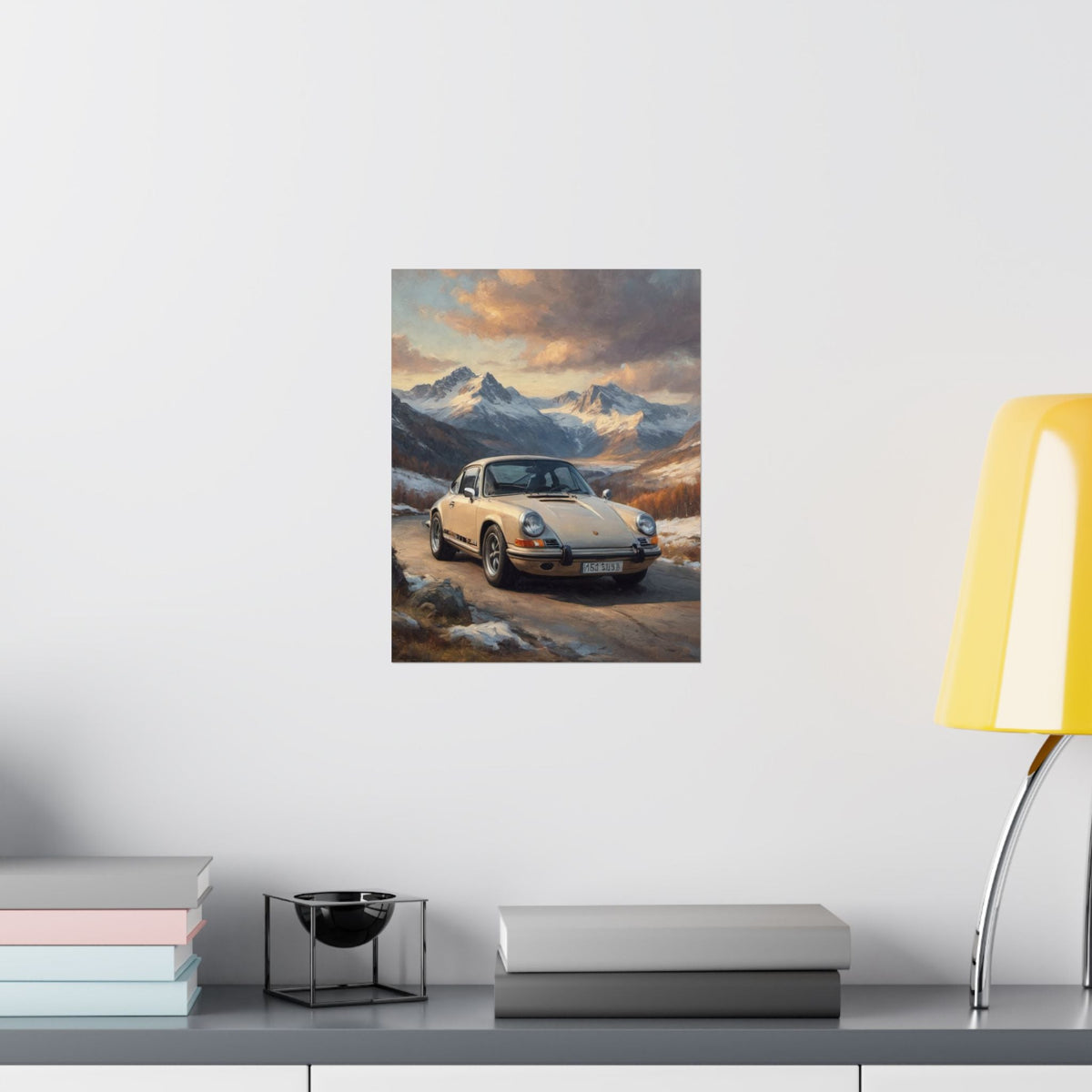 1973 Porsche 911 Wall Art Beige Sahara Grey Snow Capped Alps Alpine Pass Sunset Poster Classic German Sports Car Oil Painting Fine Art Print for Home Office Decor