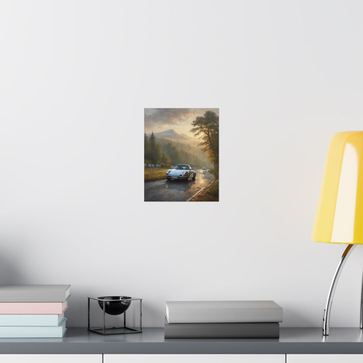 1973 Porsche 911 Wall Art Silver Metallic Nürburgring Nordschleife Misty Forest Racetrack Sunrise Poster Classic German Sports Car Oil Painting Fine Art Print for Home Office Decor