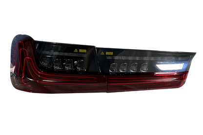 BMW 3 Series G20 G28 tail lights by K2 Industries, red and smoked CSL style laser tail lights, 2019-2024 model with LED design.