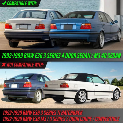 BMW 3 Series E36 tail lights with clear frosted lens by K2 Industries, showing front view with lens details and mounting points.