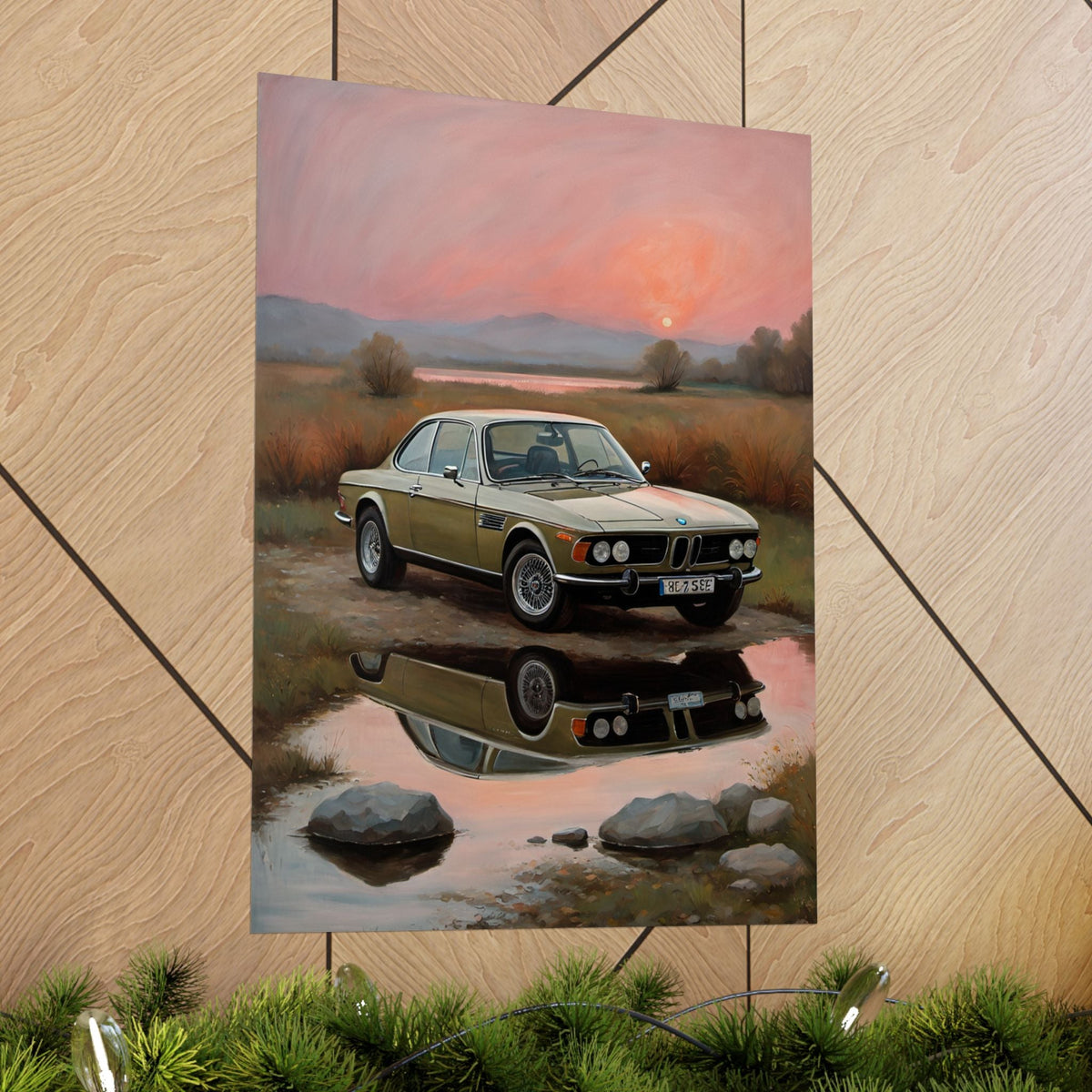 1973 BMW 30 CSL Wall Art Polaris Silver Gold Lake Sunset Water Reflection Poster Classic German Sports Coupe Oil Painting Fine Art Print for Home Office Decor