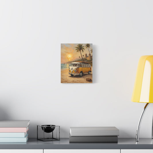 Vintage 1960s VW Type 2 Microbus Canvas Wall Art | Sunset Beach Surf Canvas Print | Impressionist Classic Camper Art for Living Room & Office