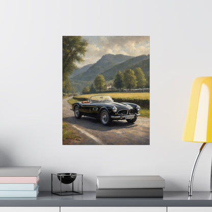 Vintage 1957 BMW 507 Roadster Poster | Countryside Mountain Road Wall Art | Impressionist European Classic Sports Car Fine Art Paper Print
