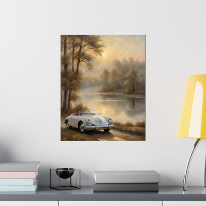Vintage 1956 Porsche 356 Speedster Poster | Misty Lakeside Sunrise Wall Art | Impressionist European Classic Sports Car Fine Art Paper Print