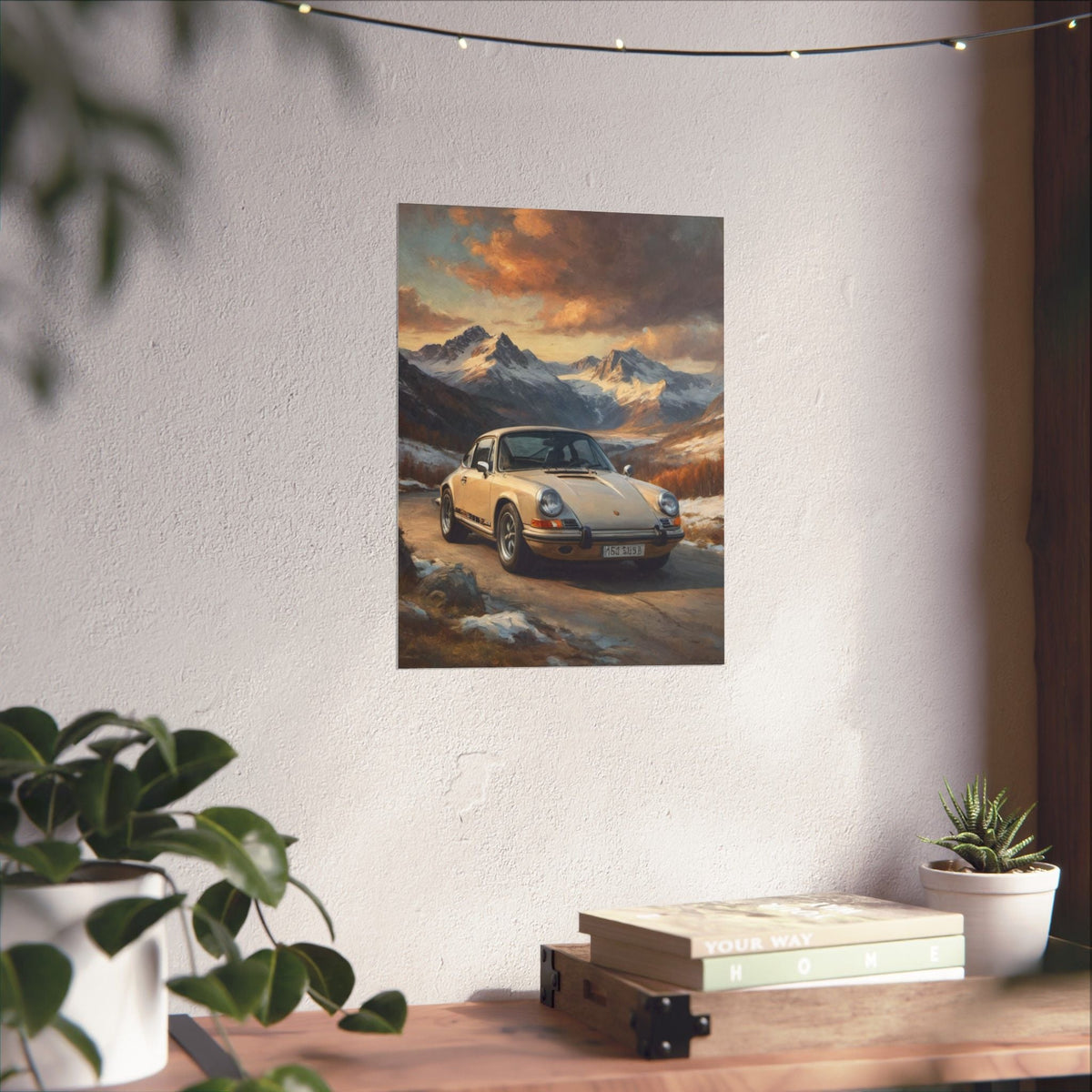 1973 Porsche 911 Wall Art Beige Sahara Grey Snow Capped Alps Alpine Pass Sunset Poster Classic German Sports Car Oil Painting Fine Art Print for Home Office Decor