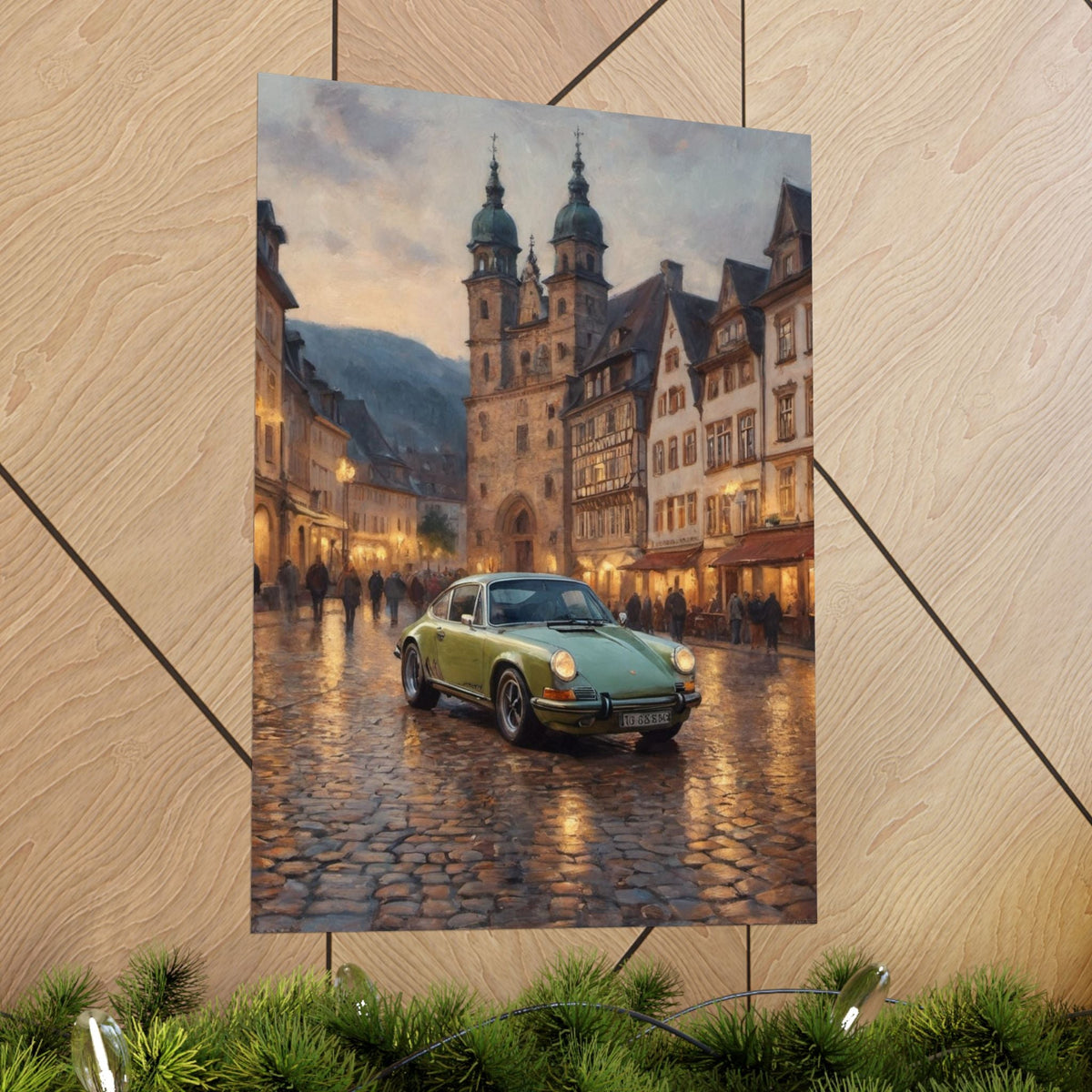 1973 Porsche 911 Wall Art Lime Yellow Green Old German Town Cobblestone Dusk Poster Classic German Sports Car Oil Painting Fine Art Print for Home Office Decor