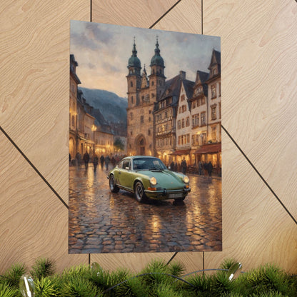 1973 Porsche 911 Wall Art Lime Yellow Green Old German Town Cobblestone Dusk Poster Classic German Sports Car Oil Painting Fine Art Print for Home Office Decor