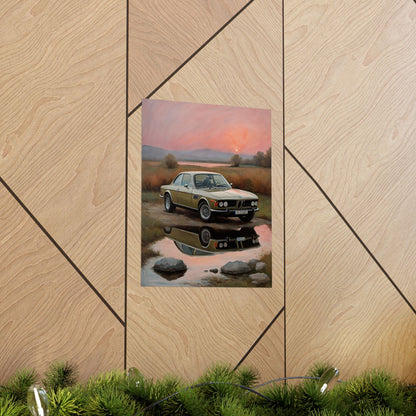 1973 BMW 30 CSL Wall Art Polaris Silver Gold Lake Sunset Water Reflection Poster Classic German Sports Coupe Oil Painting Fine Art Print for Home Office Decor
