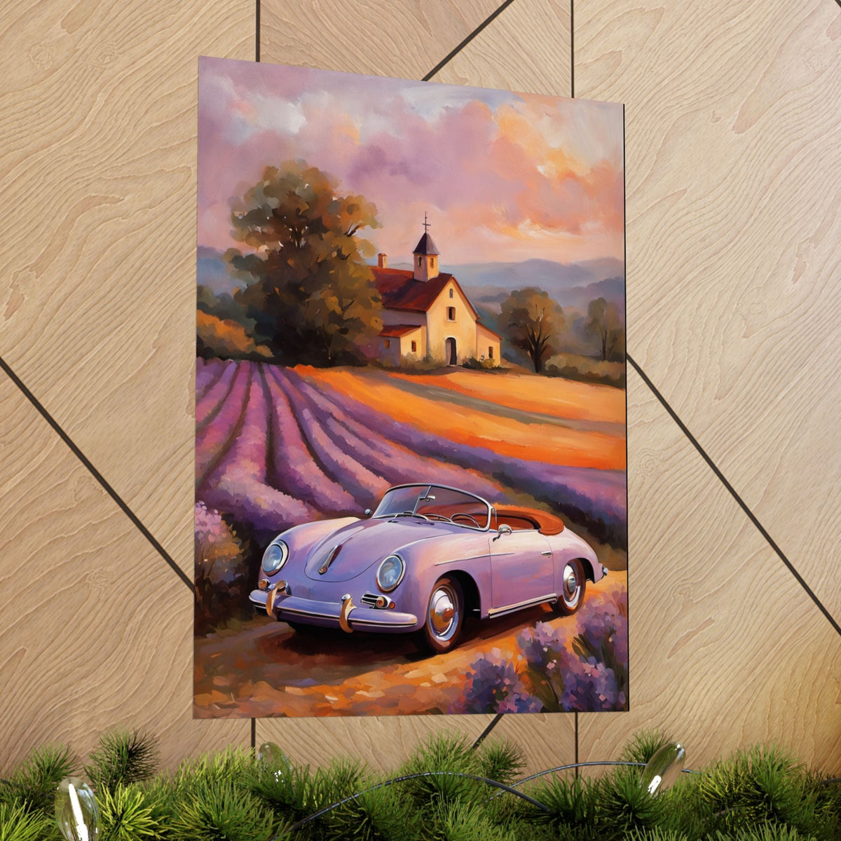 Vintage 1956 Porsche 356 Speedster Poster | Provence Lavender Field Sunset Wall Art | Impressionist European Classic Sports Car Fine Art Paper Print