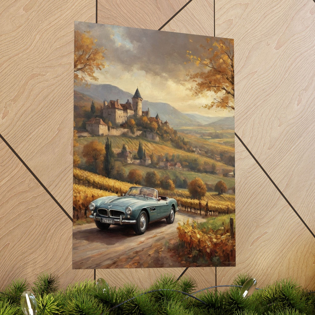 Vintage 1957 BMW 507 Roadster Poster | Autumn Vineyard Castle Valley Wall Art | Impressionist European Classic Sports Car Fine Art Paper Print