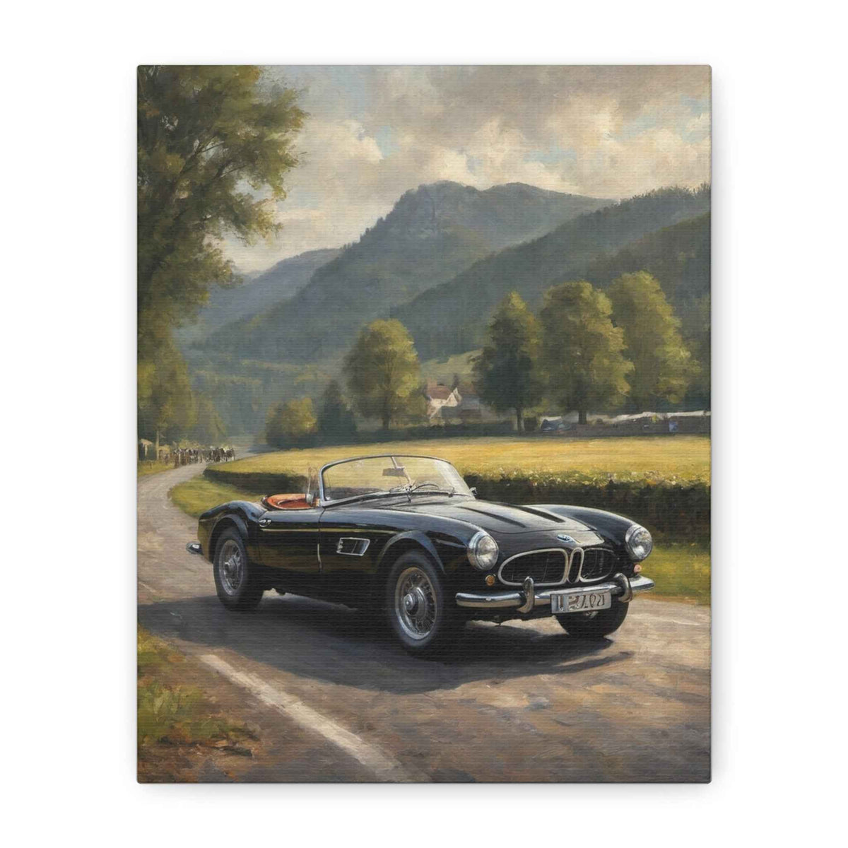 Vintage 1957 BMW 507 Roadster Canvas Wall Art | Countryside Mountain Road Canvas Print | Impressionist Classic European Sports Car Art for Living Room & Office