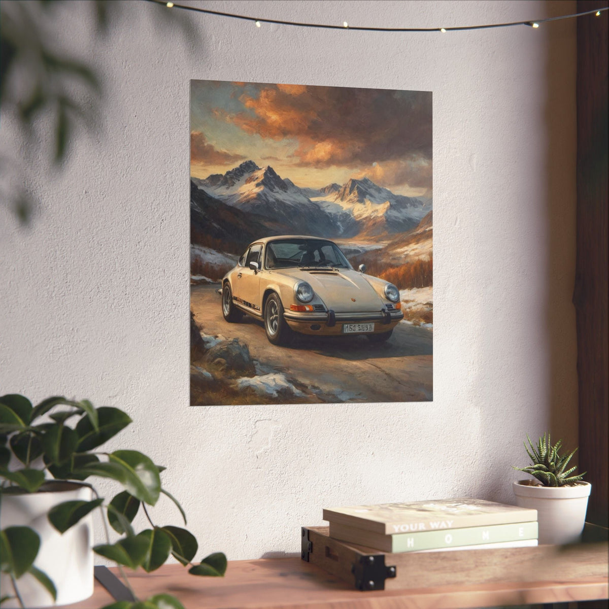 1973 Porsche 911 Wall Art Beige Sahara Grey Snow Capped Alps Alpine Pass Sunset Poster Classic German Sports Car Oil Painting Fine Art Print for Home Office Decor