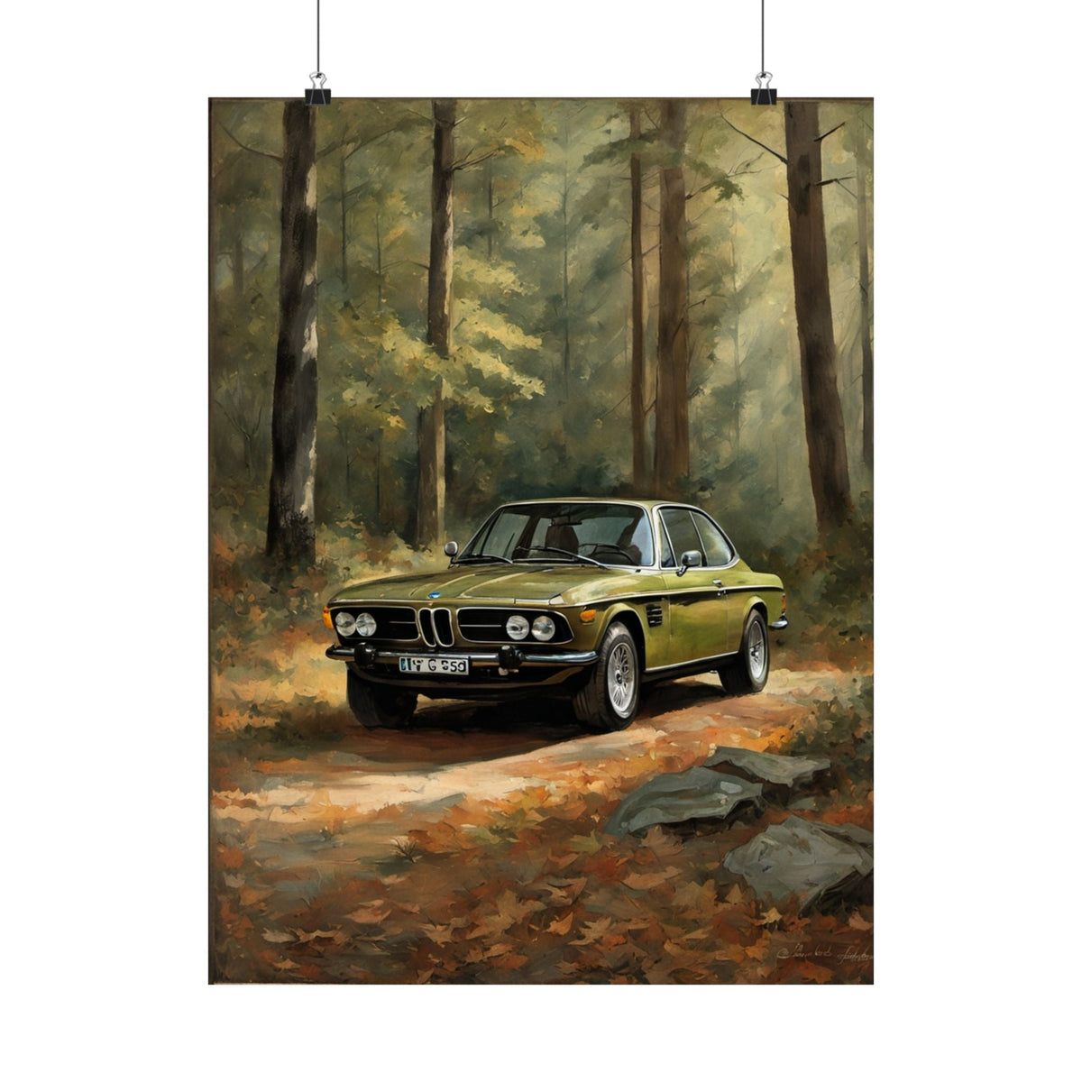 1973 BMW 30 CSL Wall Art Taiga Metallic Green Autumn Forest Sunlight Poster Classic German Sports Coupe Oil Painting Fine Art Print for Home Office Decor