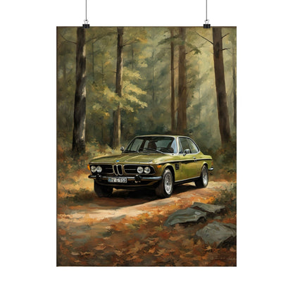 1973 BMW 30 CSL Wall Art Taiga Metallic Green Autumn Forest Sunlight Poster Classic German Sports Coupe Oil Painting Fine Art Print for Home Office Decor