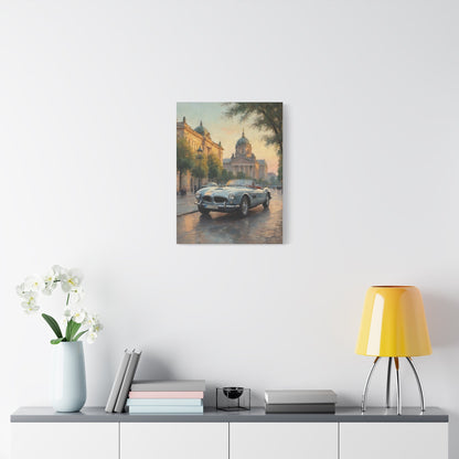 Vintage 1957 BMW 507 Roadster Canvas Wall Art | European City Boulevard Sunset Canvas Print | Impressionist Classic European Sports Car Art for Living Room & Office