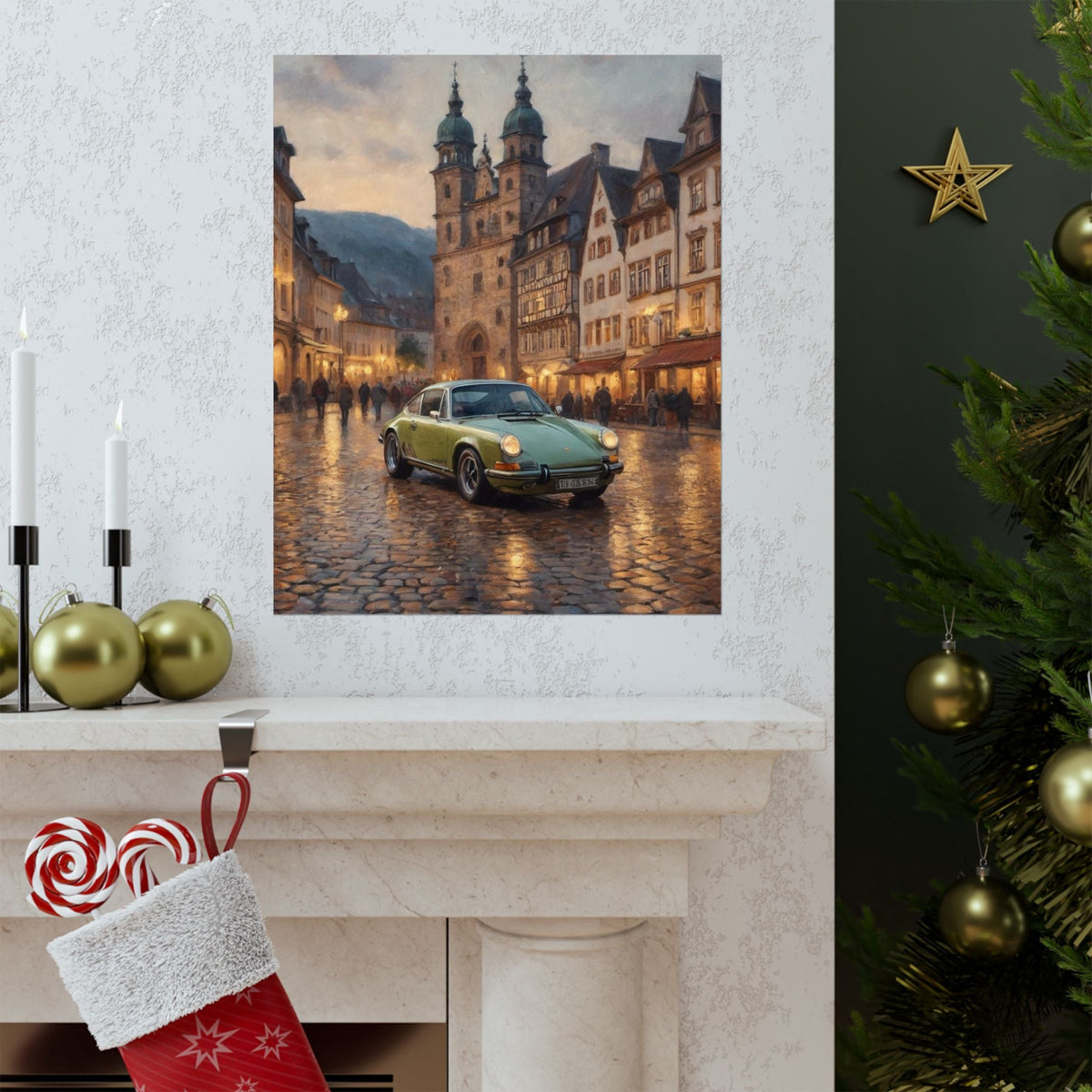 1973 Porsche 911 Wall Art Lime Yellow Green Old German Town Cobblestone Dusk Poster Classic German Sports Car Oil Painting Fine Art Print for Home Office Decor