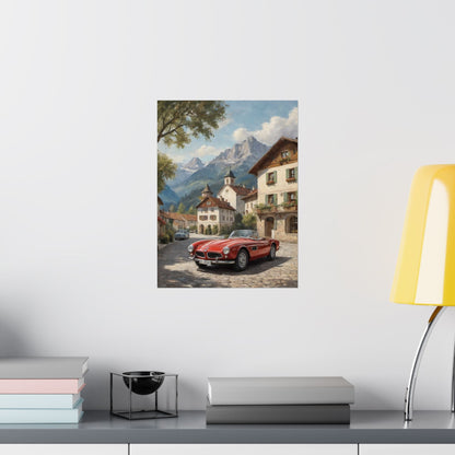 Vintage 1957 BMW 507 Roadster Poster | Bavarian Alpine Village Wall Art | Impressionist European Classic Sports Car Fine Art Paper Print