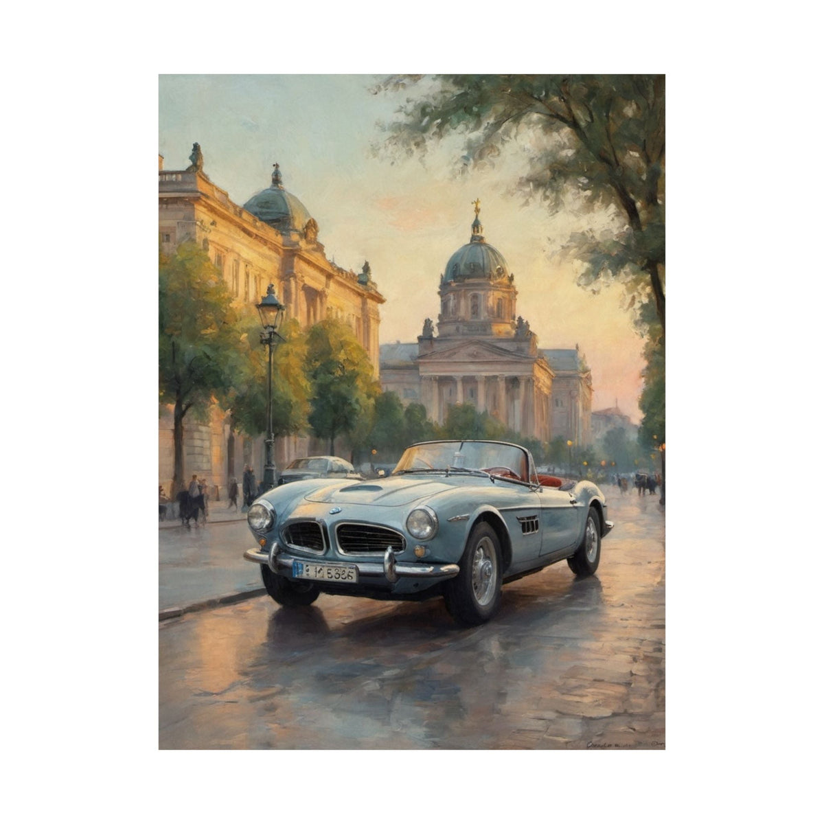 Vintage 1957 BMW 507 Roadster Poster | European City Boulevard Sunset Wall Art | Impressionist European Classic Sports Car Fine Art Paper Print