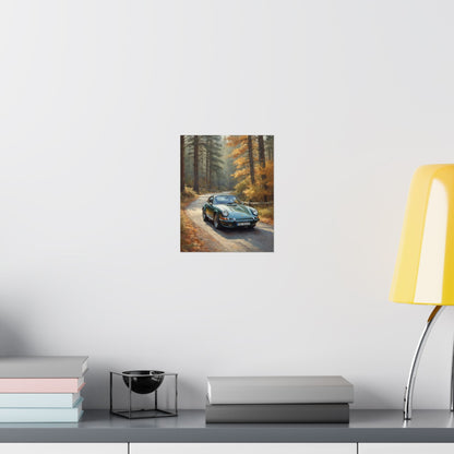 1973 Porsche 911 Wall Art Forest Green Autumn Pine Forest Dirt Road Poster Classic German Sports Car Oil Painting Fine Art Print for Home Office Decor