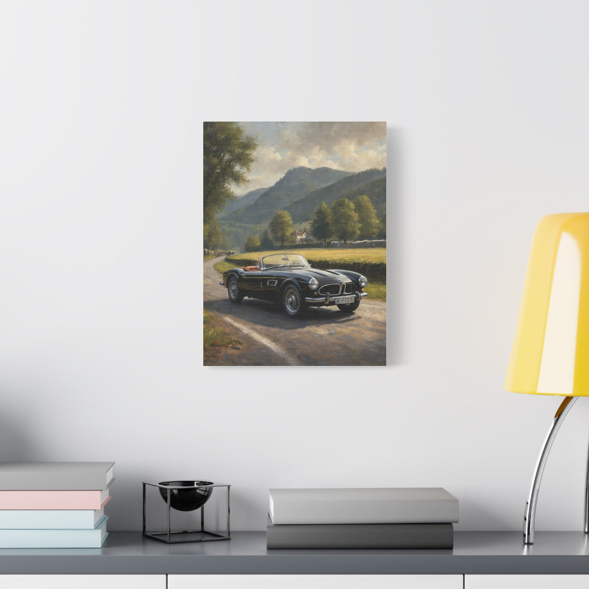 Vintage 1957 BMW 507 Roadster Canvas Wall Art | Countryside Mountain Road Canvas Print | Impressionist Classic European Sports Car Art for Living Room & Office